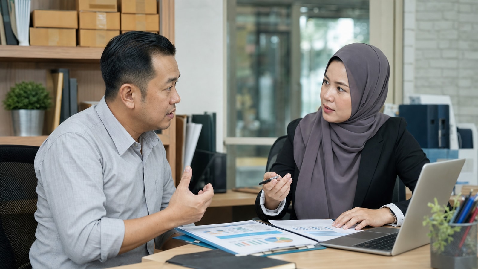 Malaysian SME owner reviewing financing papers beside delivery cartons after Alliance Bank and CGC SME support news