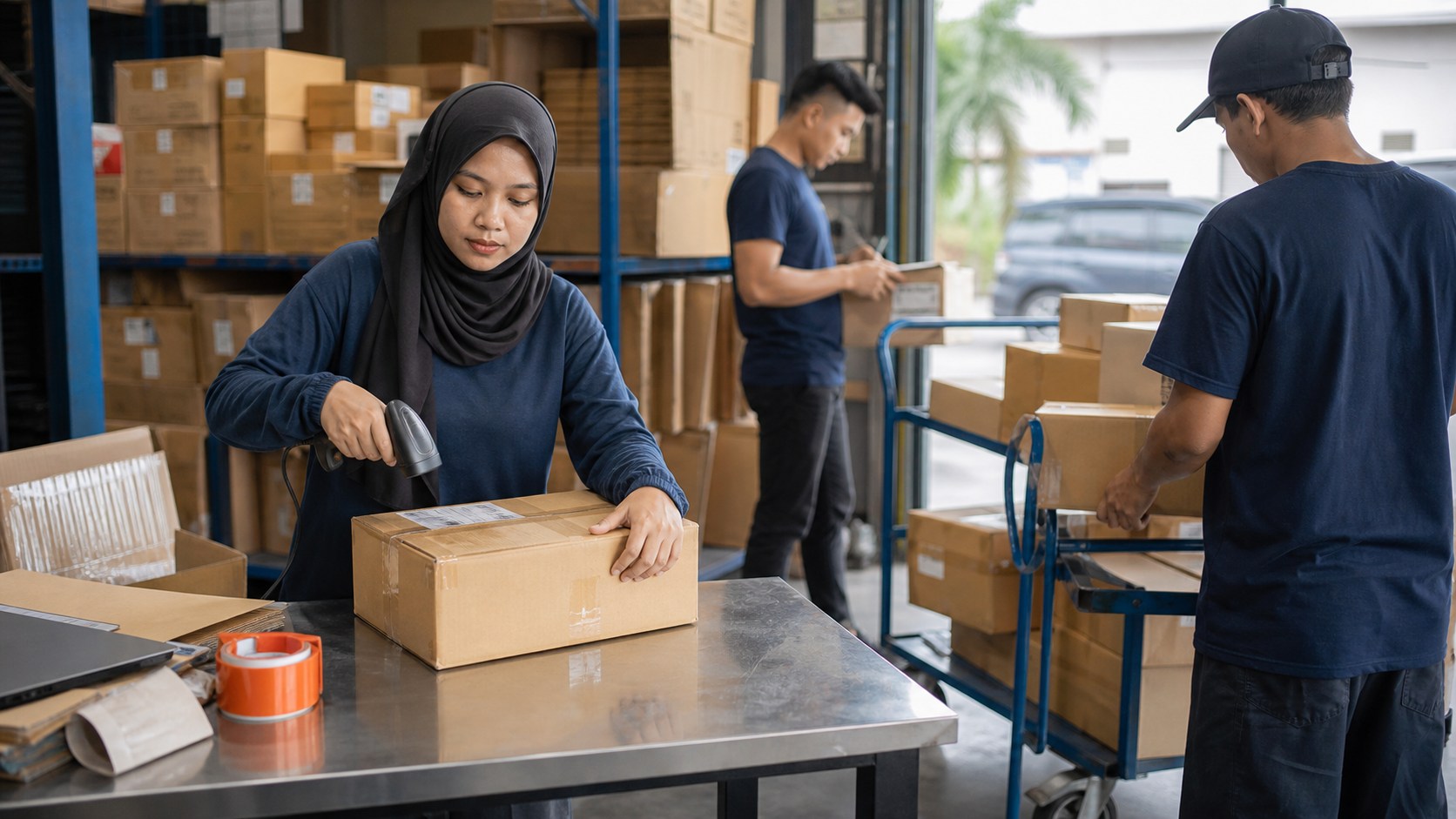 Malaysian small-business warehouse team packing parcels beside labelled cartons and a dispatch table for regional e-commerce orders