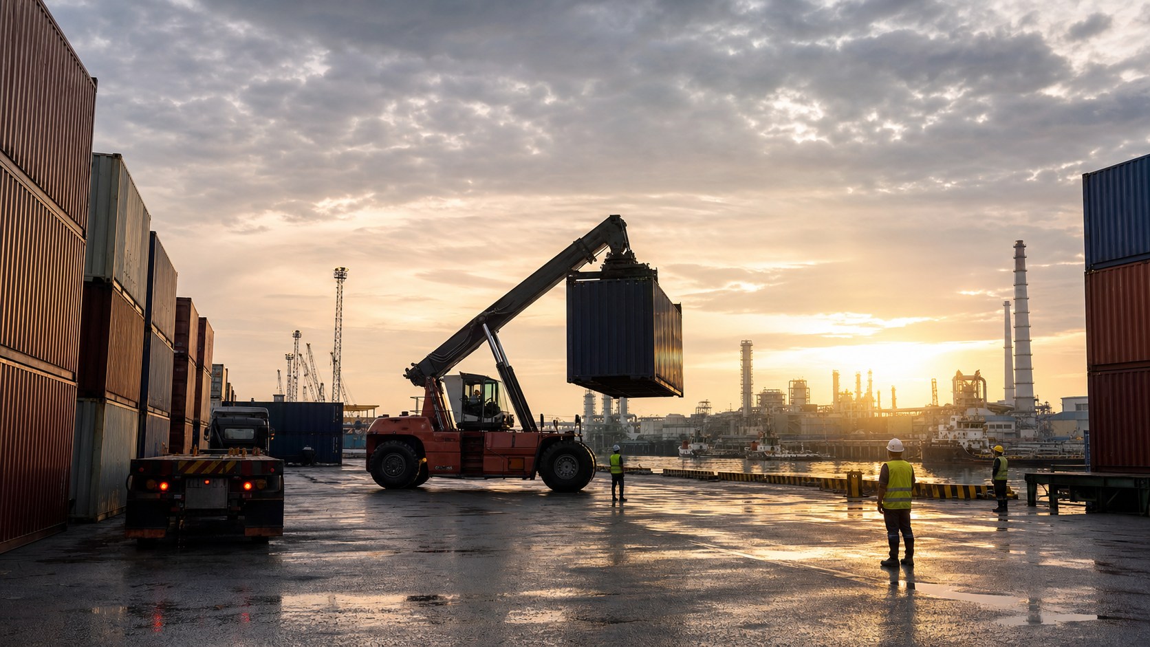 Containers and cargo equipment moving through an unbranded East Malaysian port yard at sunrise with workers coordinating logistics operations