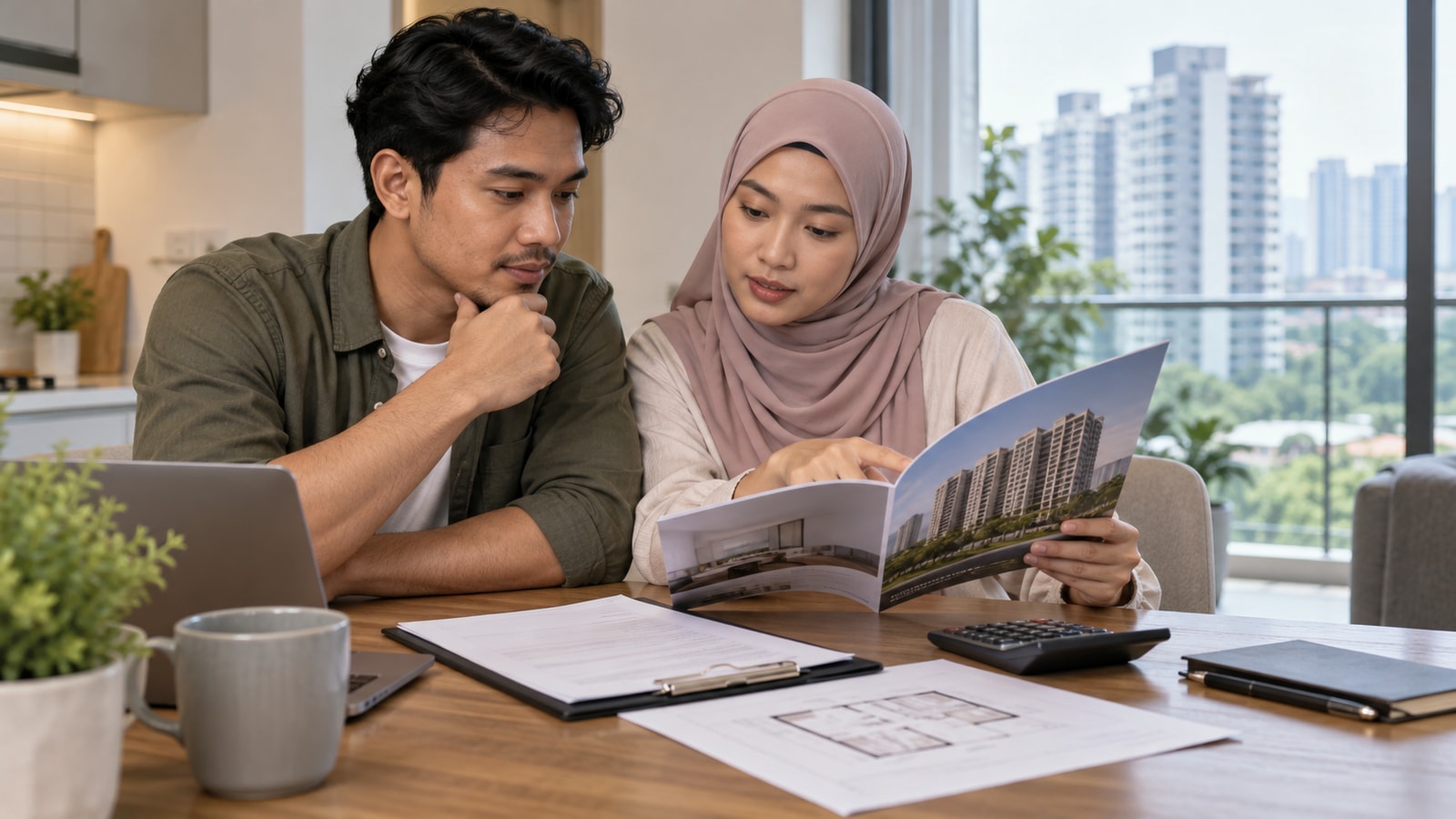Illustrative Malaysian couple reviewing property documents and a calculator at a kitchen table, with an unbranded apartment development in the background.
