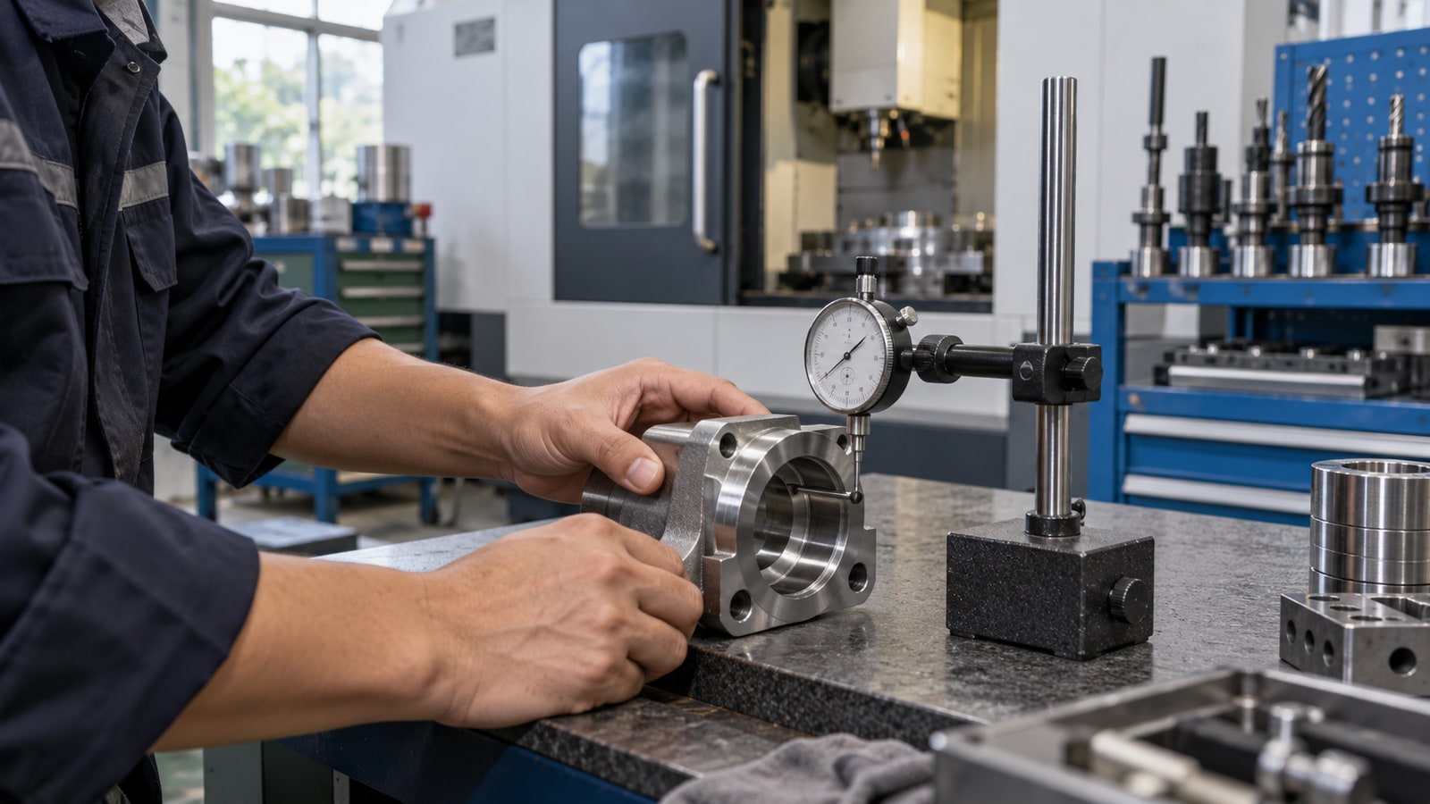 Illustrative Malaysian engineering-workshop scene showing a technician checking a machined metal component with a dial gauge beside enclosed machining equipment.