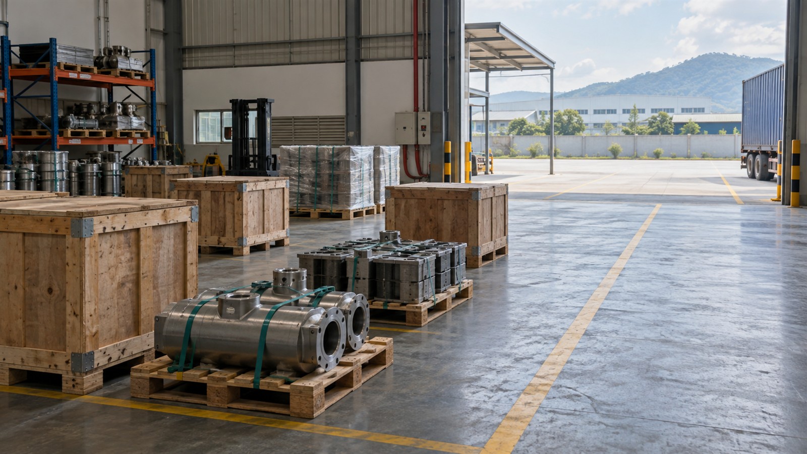 Illustrative Malaysian export warehouse with separate machinery pallets and wooden crates beside a clear dispatch lane