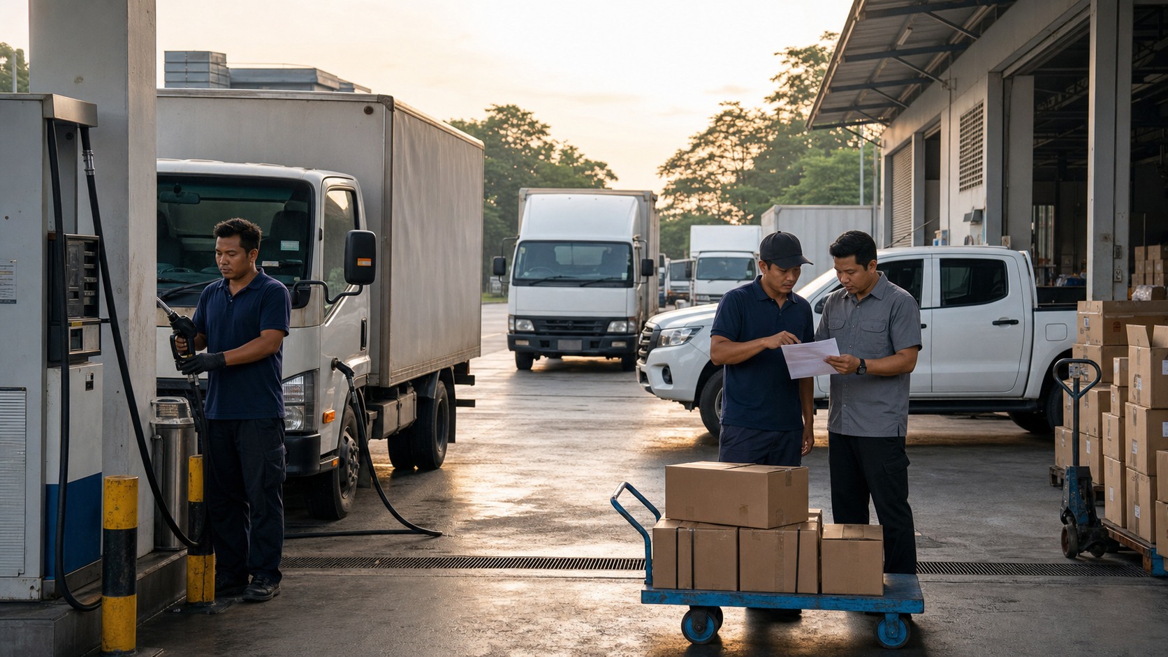 Unbranded Malaysian commercial vehicles and delivery workers preparing for dispatch at a fuel station and loading area in the early morning