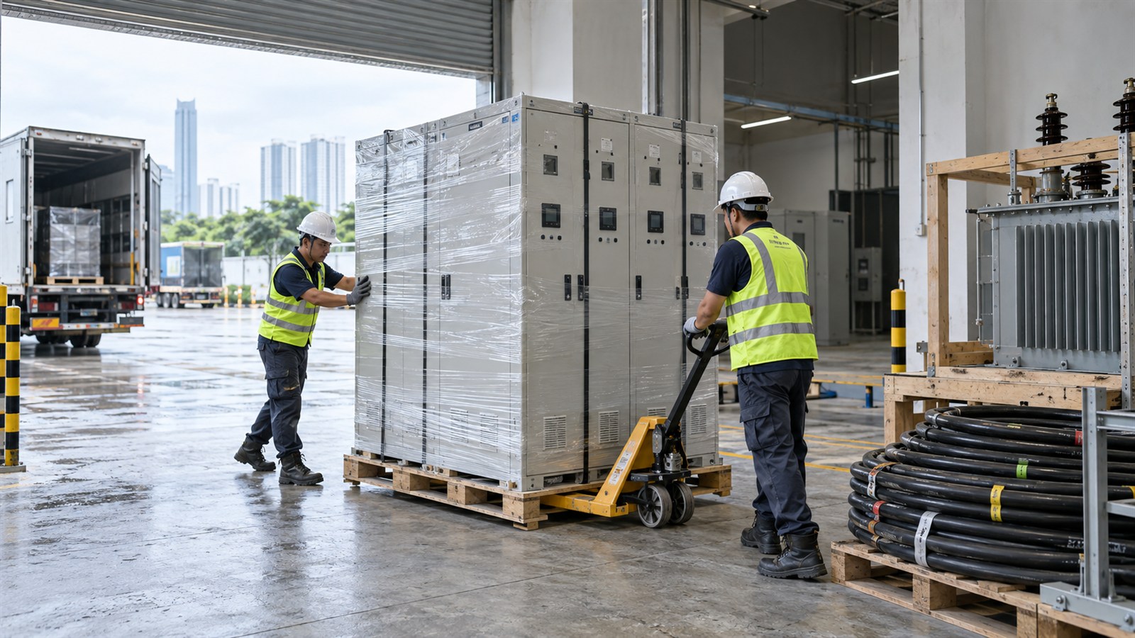 Illustrative Malaysian technicians moving unbranded electrical switchgear and cable equipment through an industrial loading bay.
