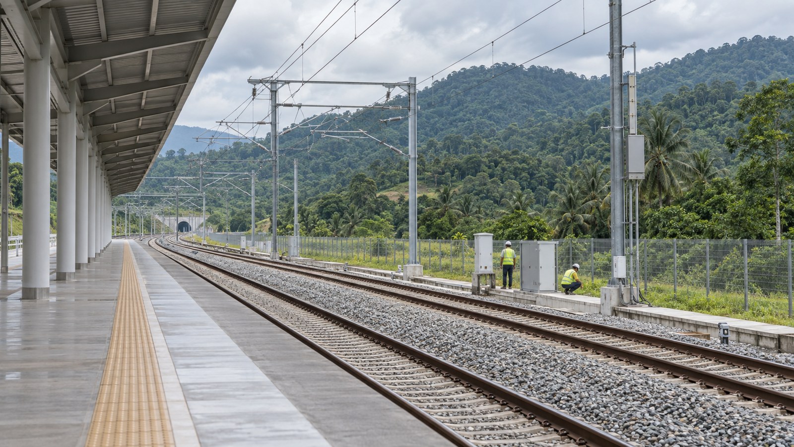 Generated illustration of technicians inspecting railway infrastructure beside a tropical Malaysian station platform