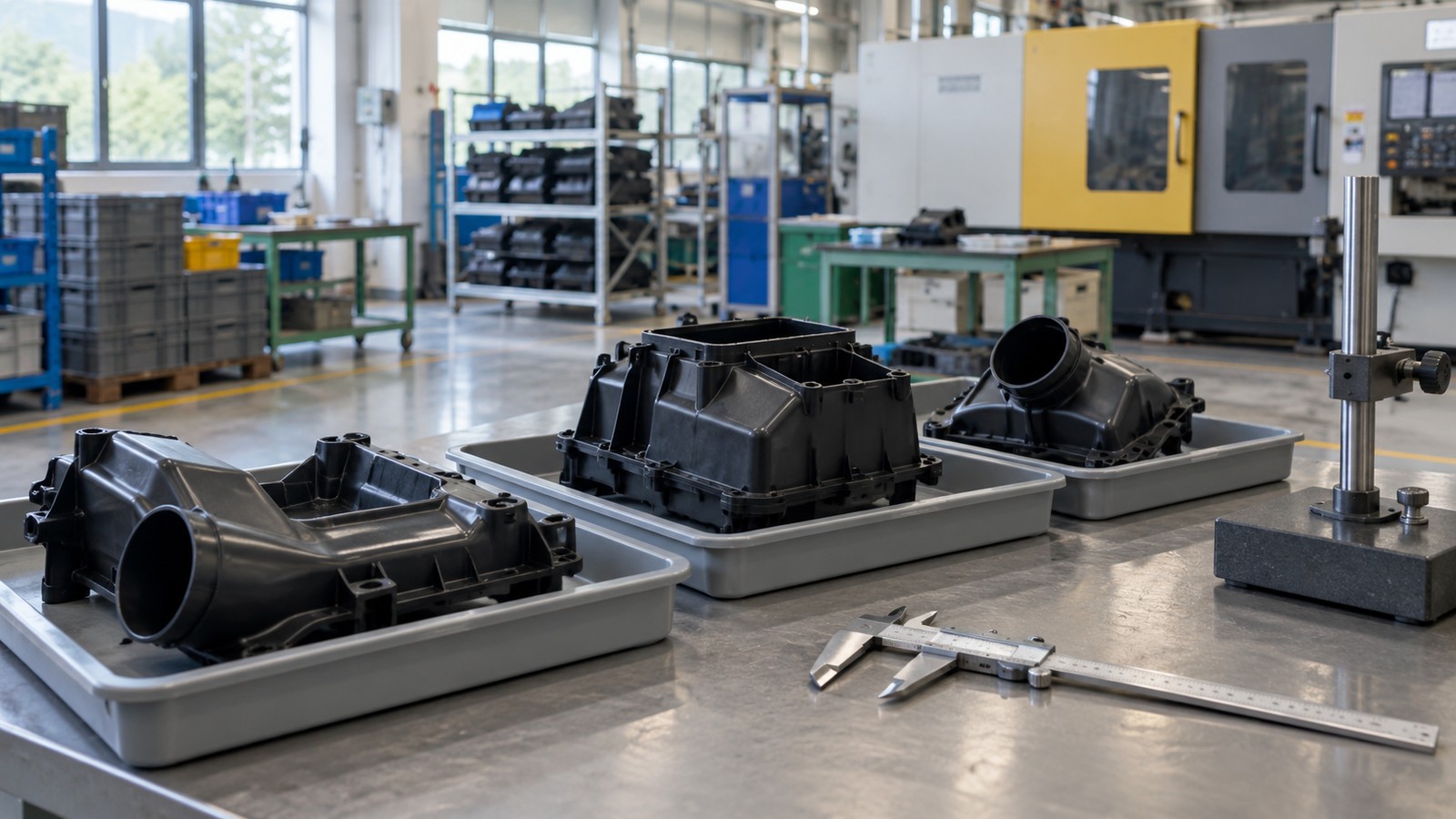 Generated illustration of unbranded moulded automotive parts and inspection tools in a generic Malaysian workshop, not the actual EPMB facility.
