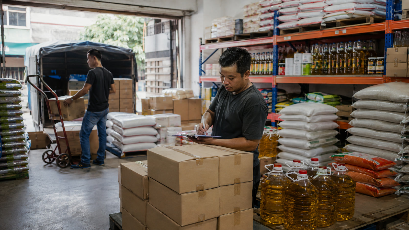 Malaysian wholesale food workers checking cartons, rice sacks and cooking oil during an active stock delivery