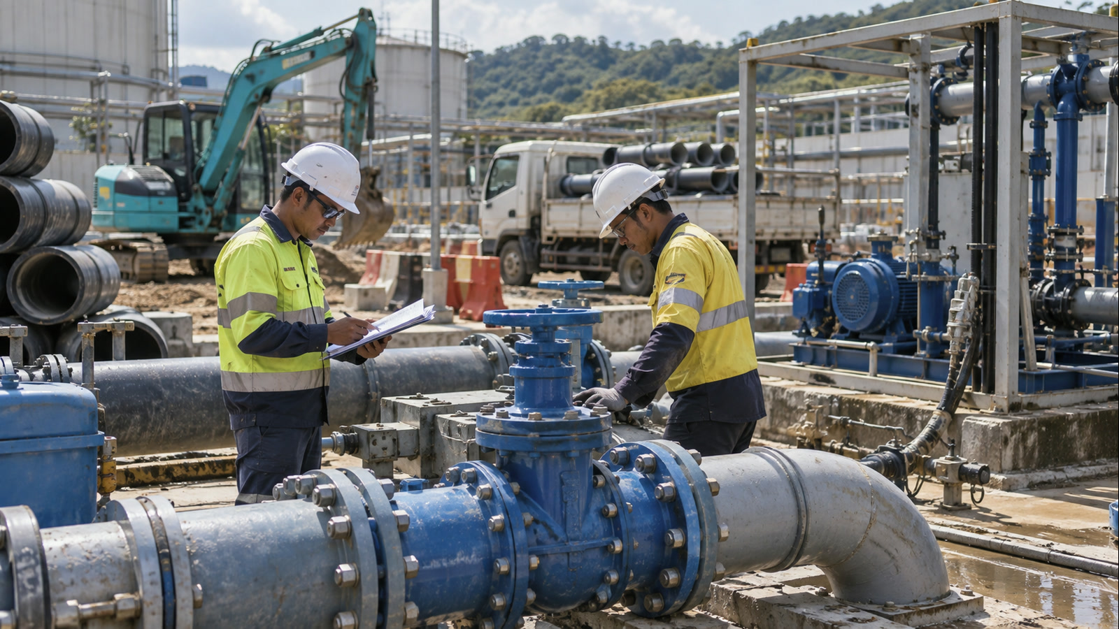 Illustrative Malaysian site technicians inspecting water pipes and valves at an unbranded industrial infrastructure yard.