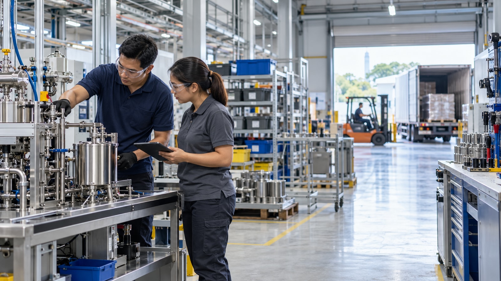 Illustrative Malaysian technicians inspecting a stainless manufacturing workstation in a clean, unbranded industrial facility beside organised equipment racks.