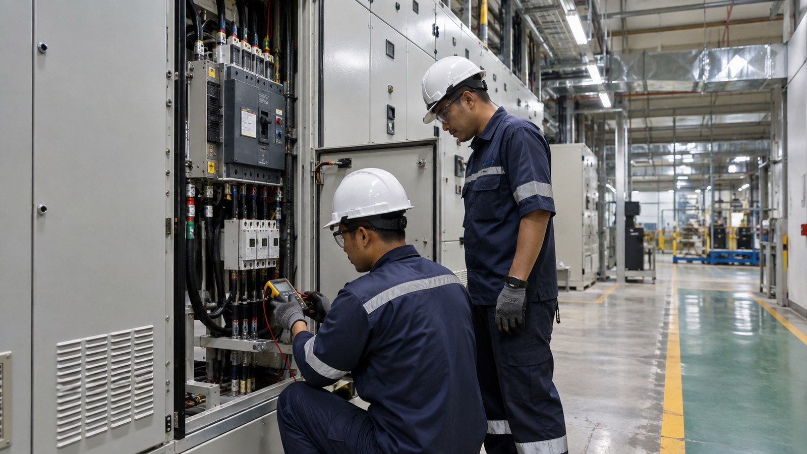 Malaysian electrical technicians inspecting switchgear and testing power equipment in a clean industrial service corridor