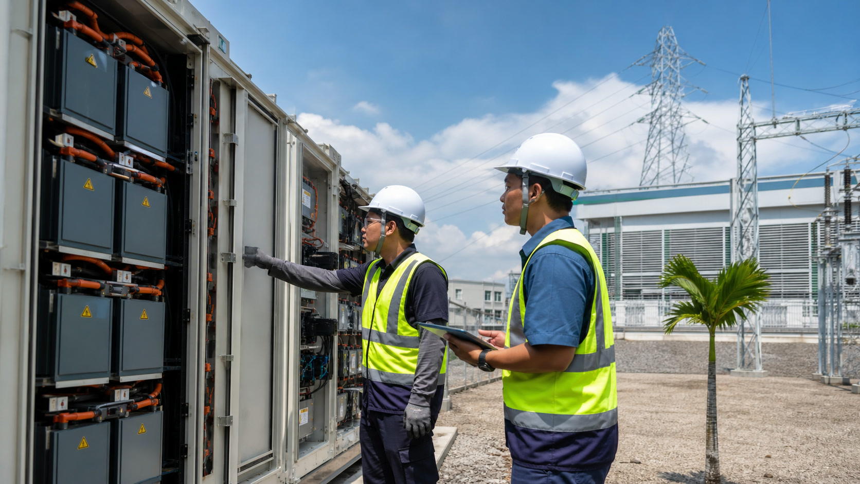 Technicians inspecting battery storage cabinets and smart-grid equipment at a Malaysian industrial power site