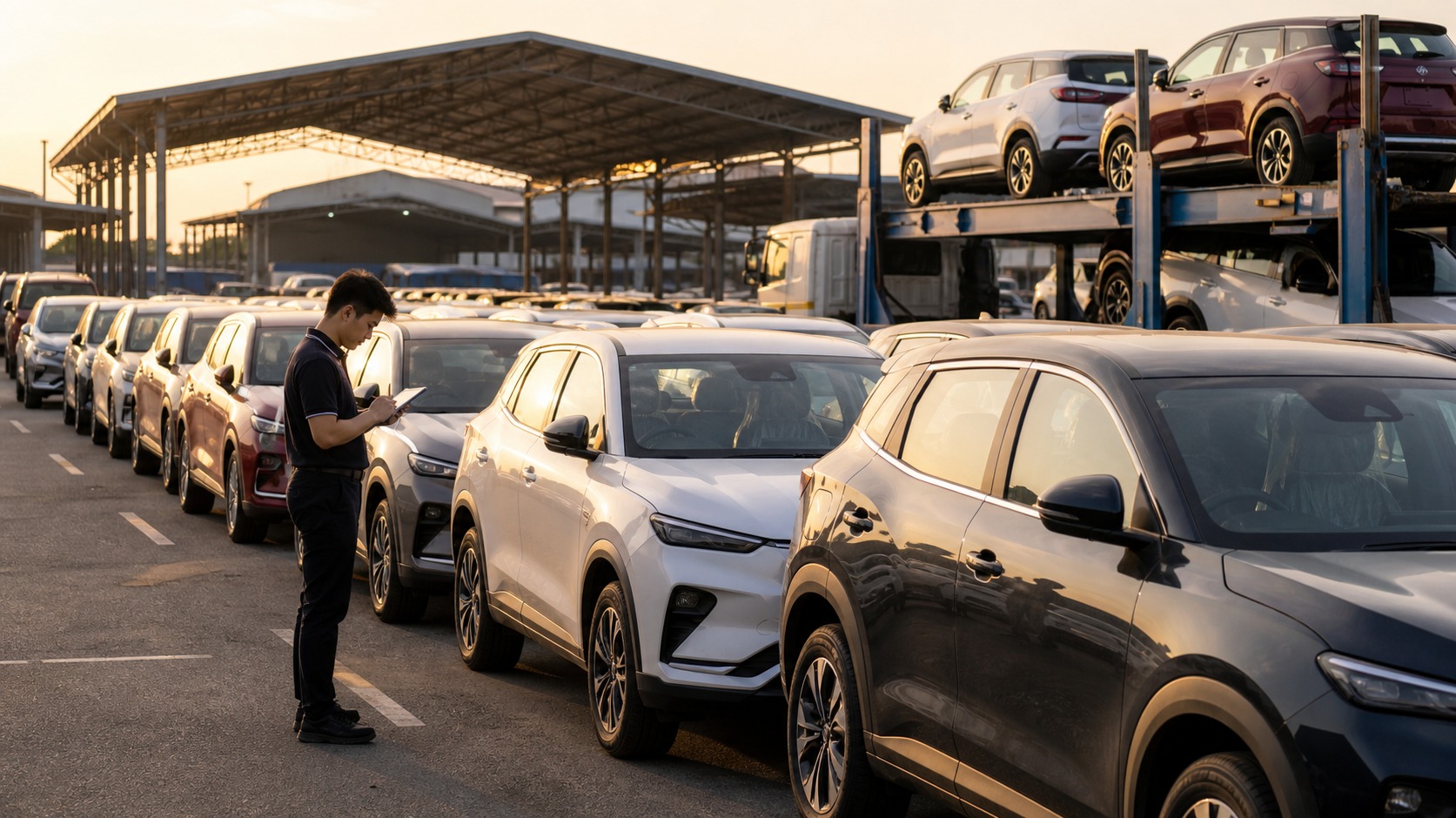 Rows of unbranded new vehicles in a Malaysian delivery yard while a staff member checks inventory during early morning light