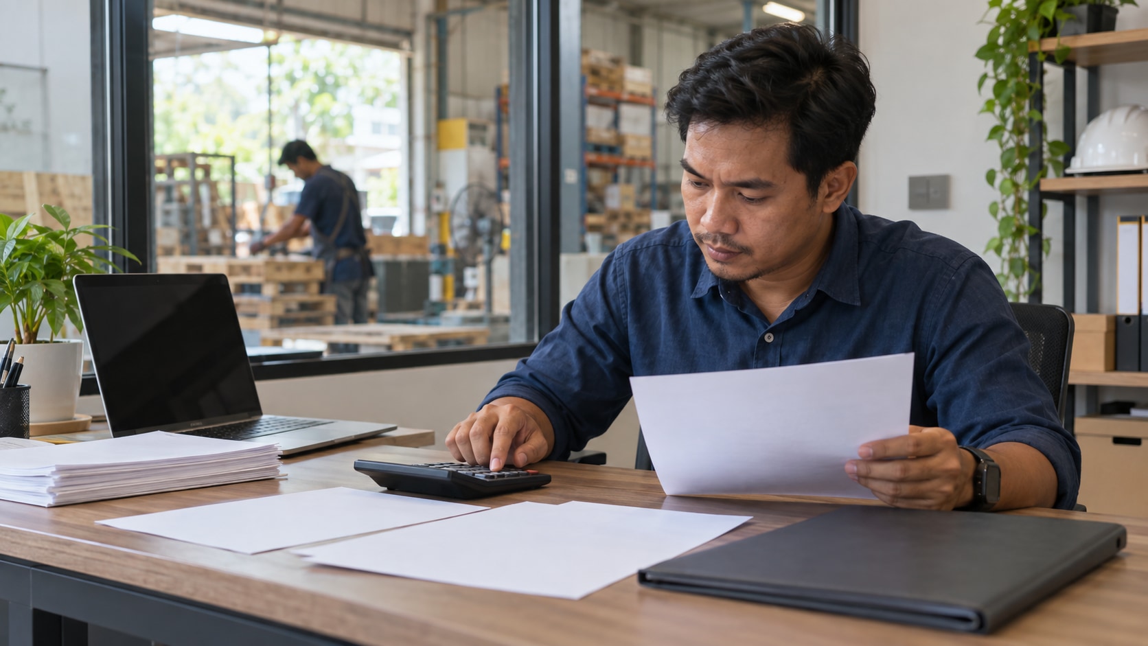 Illustrative Malaysian SME owner reviewing blank paperwork and using a calculator beside a workshop.