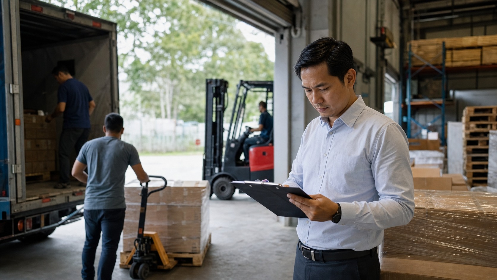 Malaysian warehouse supervisor checking delivery schedules and stock flow at a loading bay while workers move pallets in the background