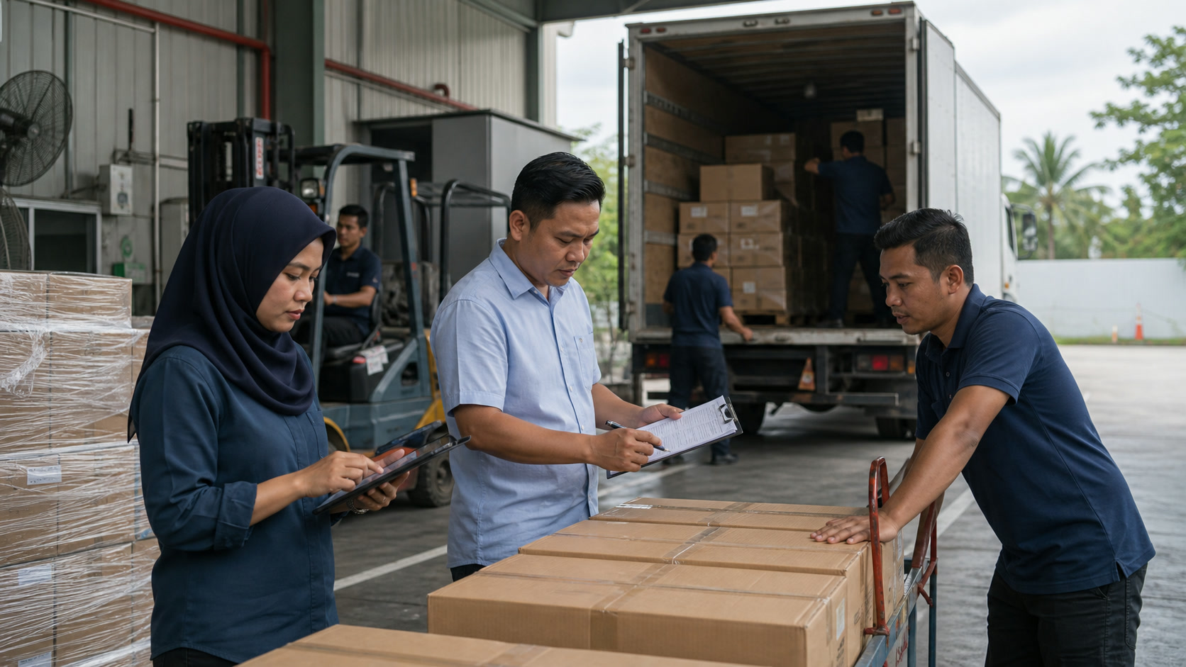 Malaysian warehouse and procurement staff checking cartons, clipboards, and tablet records in a busy supplier loading area