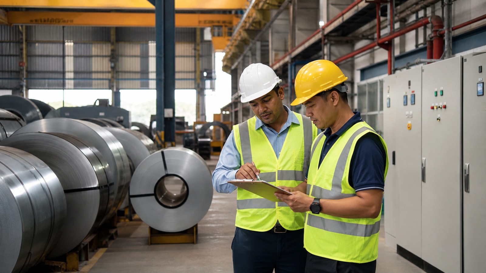 Malaysian factory technicians reviewing energy usage beside industrial equipment, steel materials, and electrical control cabinets in a realistic workshop setting