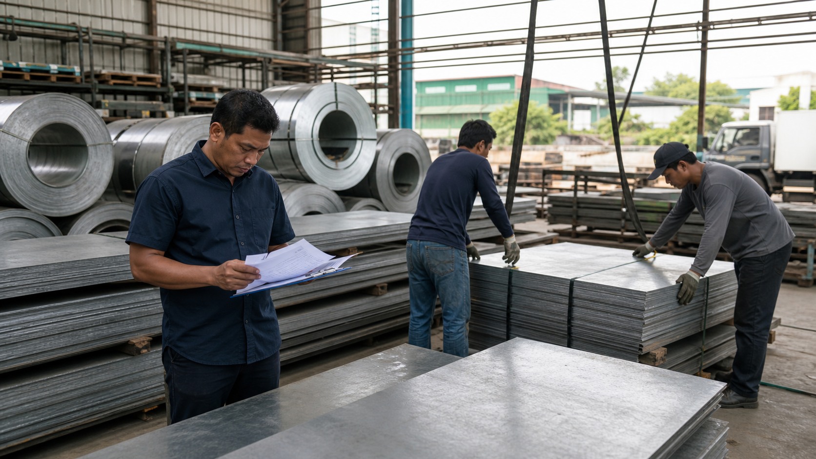 Workers handling unbranded aluminium-zinc coated steel sheets in a Malaysian fabrication yard while a supervisor checks delivery notes and material quotes
