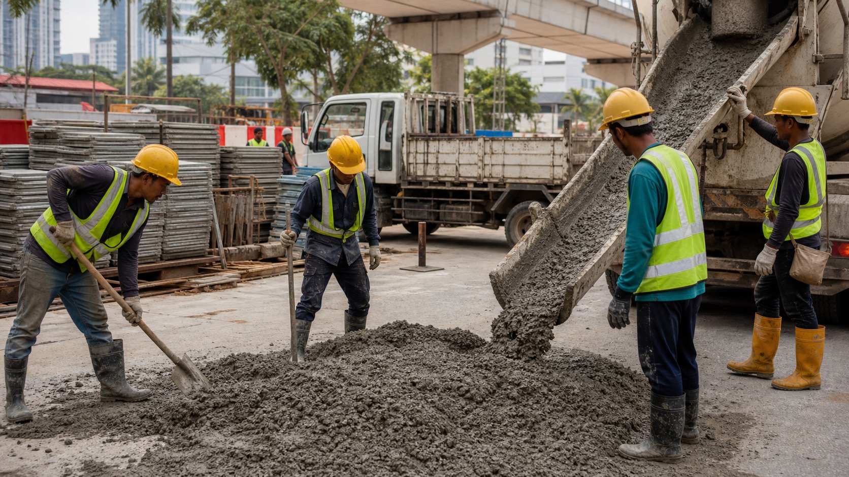 Malaysian roadwork team checking concrete delivery and material timing at an active construction site