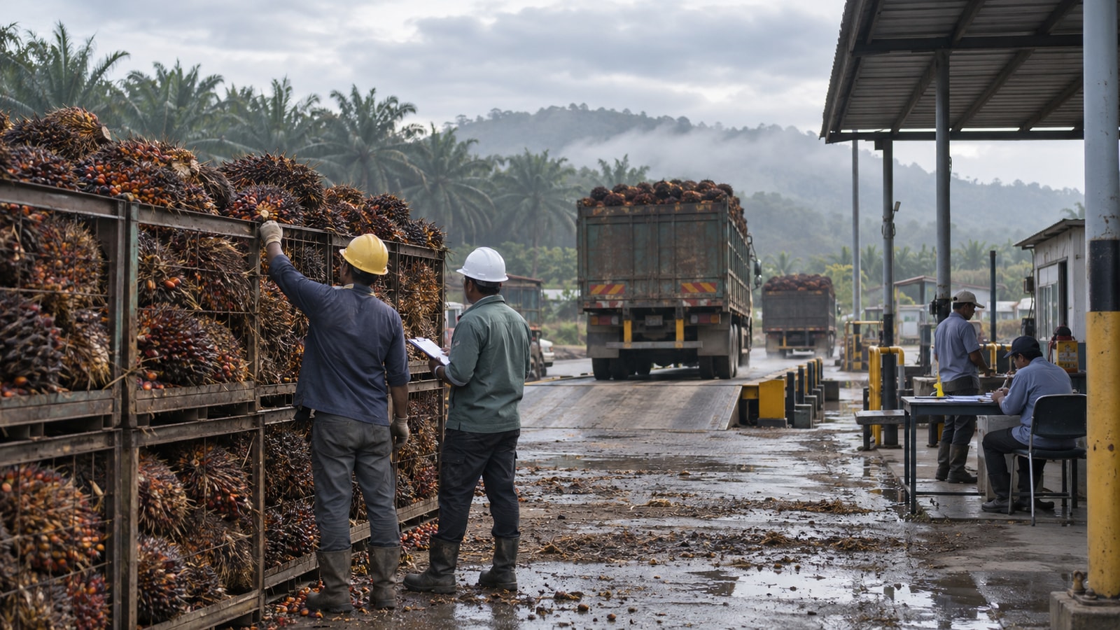 Illustrative Malaysian palm-oil collection yard where workers check fresh fruit bunch loads and dispatch activity beside unbranded lorries.