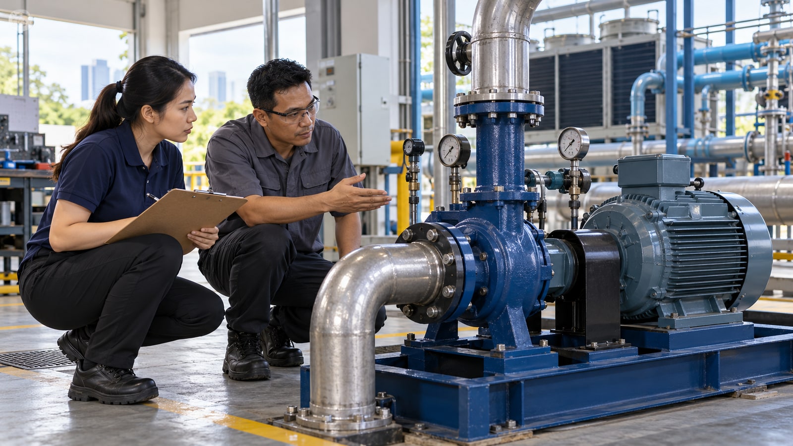 Generated illustration of a Malaysian equipment buyer and technician reviewing an unbranded industrial pump, motor and test instruments in a demonstration workshop