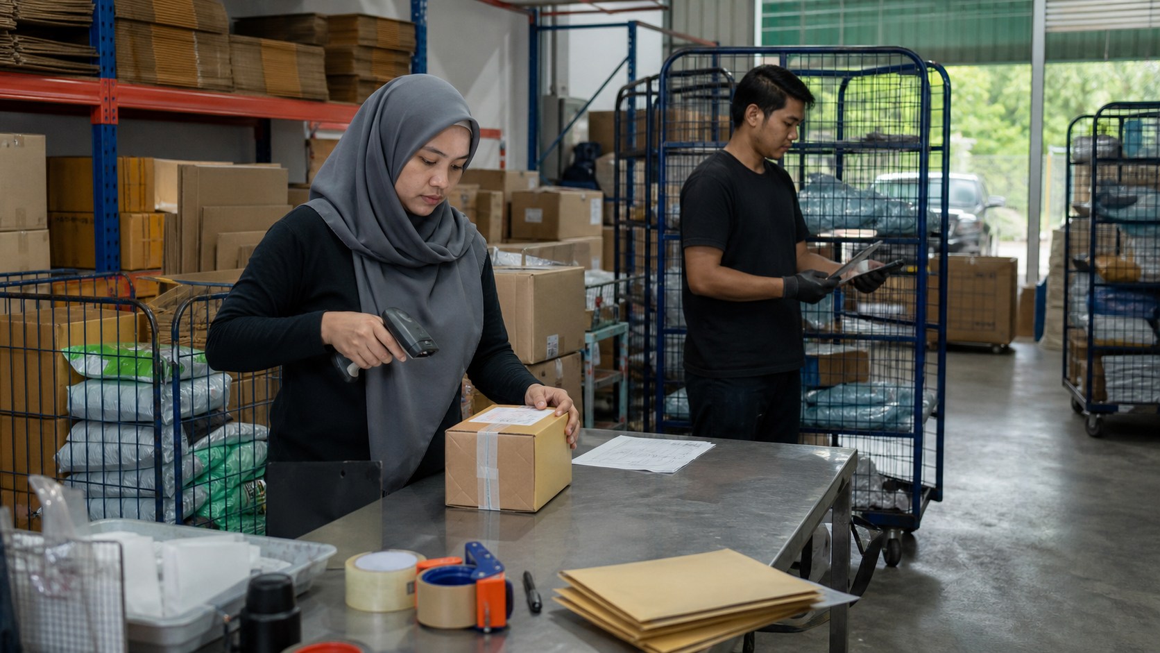 Malaysian warehouse staff checking unbranded parcels and inventory cages in a busy e-commerce fulfilment area with shelves, cartons, and dispatch trolleys