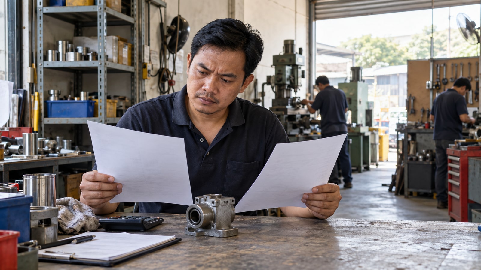 A Malaysian business owner compares two machine quotations in a workshop before deciding what to buy