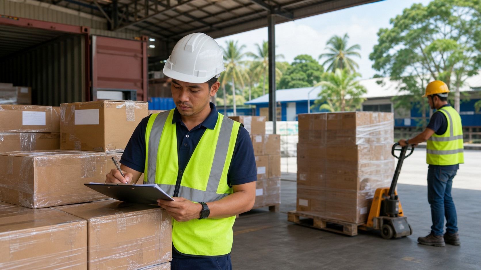 Malaysian warehouse staff checking export shipment paperwork beside sealed cartons while palletised goods move through a bright logistics bay