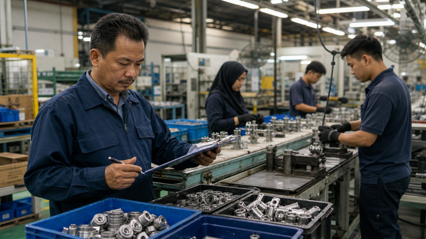 Malaysian factory supervisor checking parts trays and production notes beside an active assembly line with workers handling components
