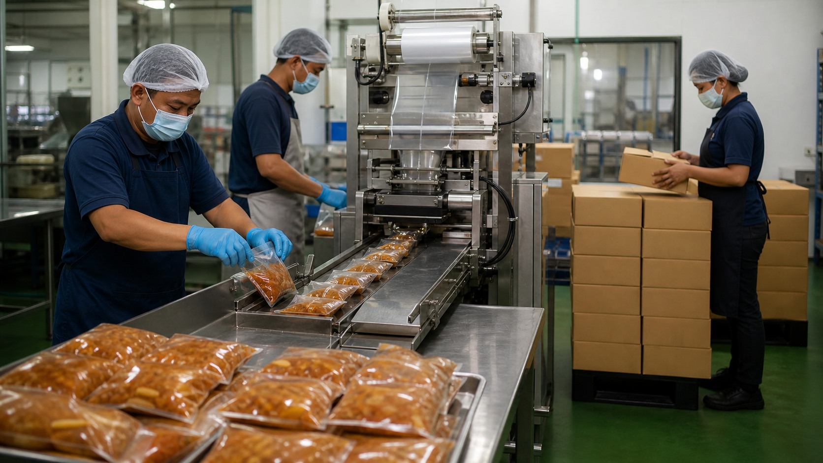 Workers in a Malaysian food production facility sealing packaged products beside a compact automated line while cartons wait for shipment