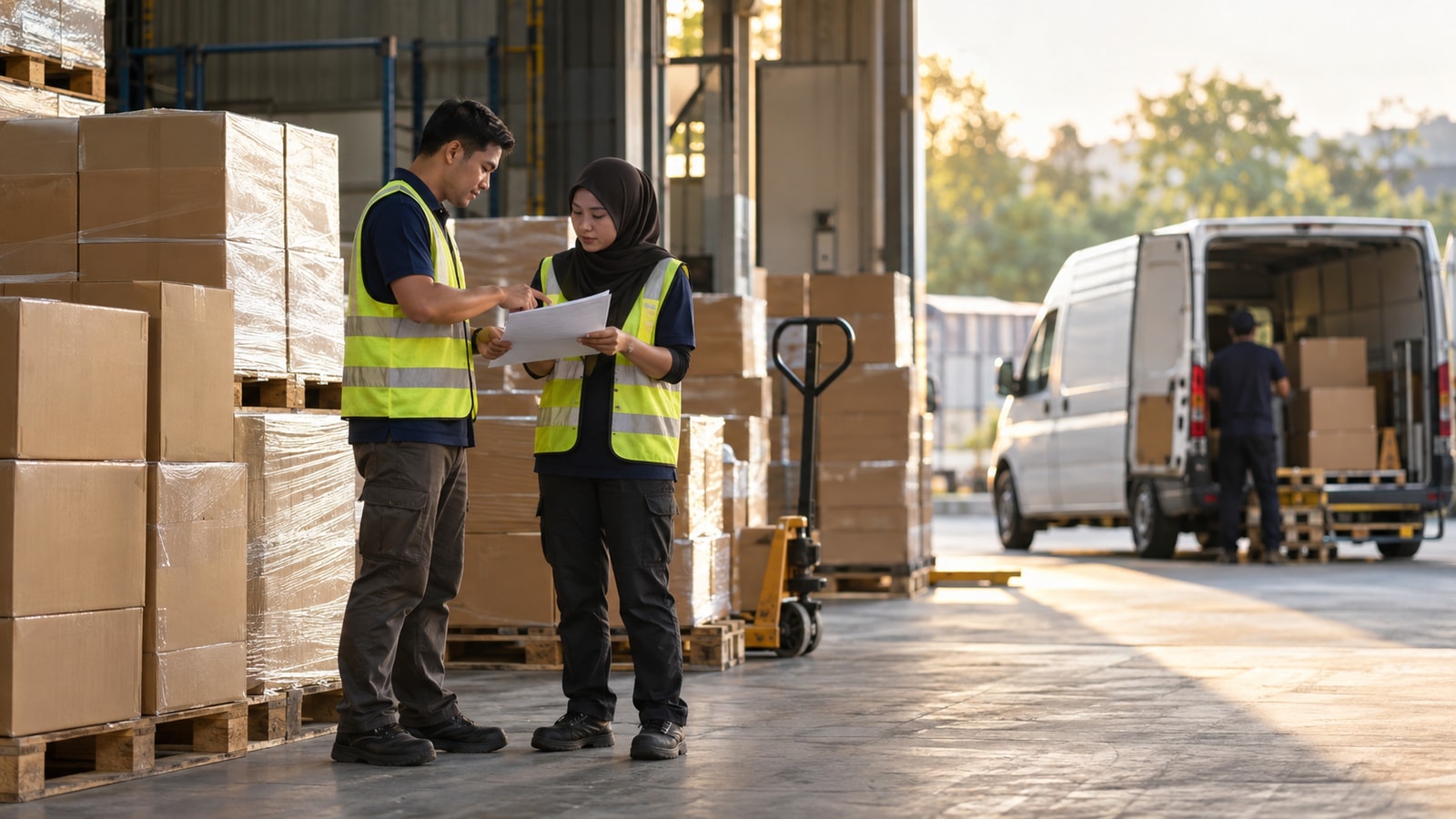 Illustrative Malaysian logistics team checking an unbranded dispatch board beside stacked export cartons in a warehouse