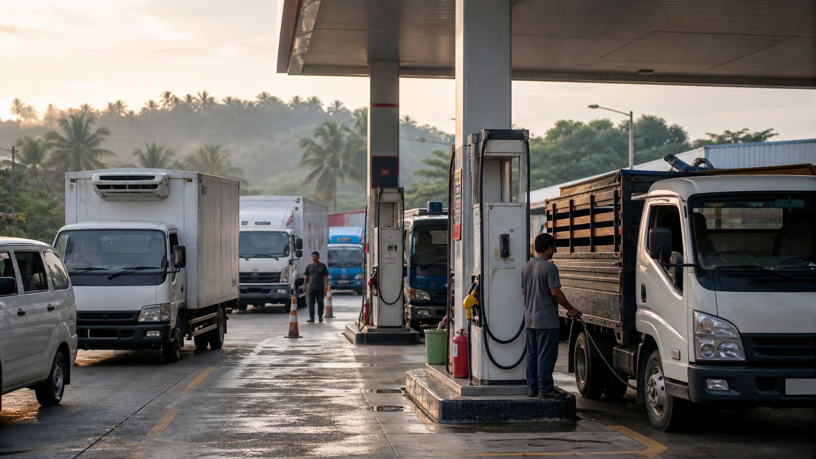 Unbranded Malaysian delivery lorries and vans lining up beside fuel pumps at a busy depot during an early-morning operations shift