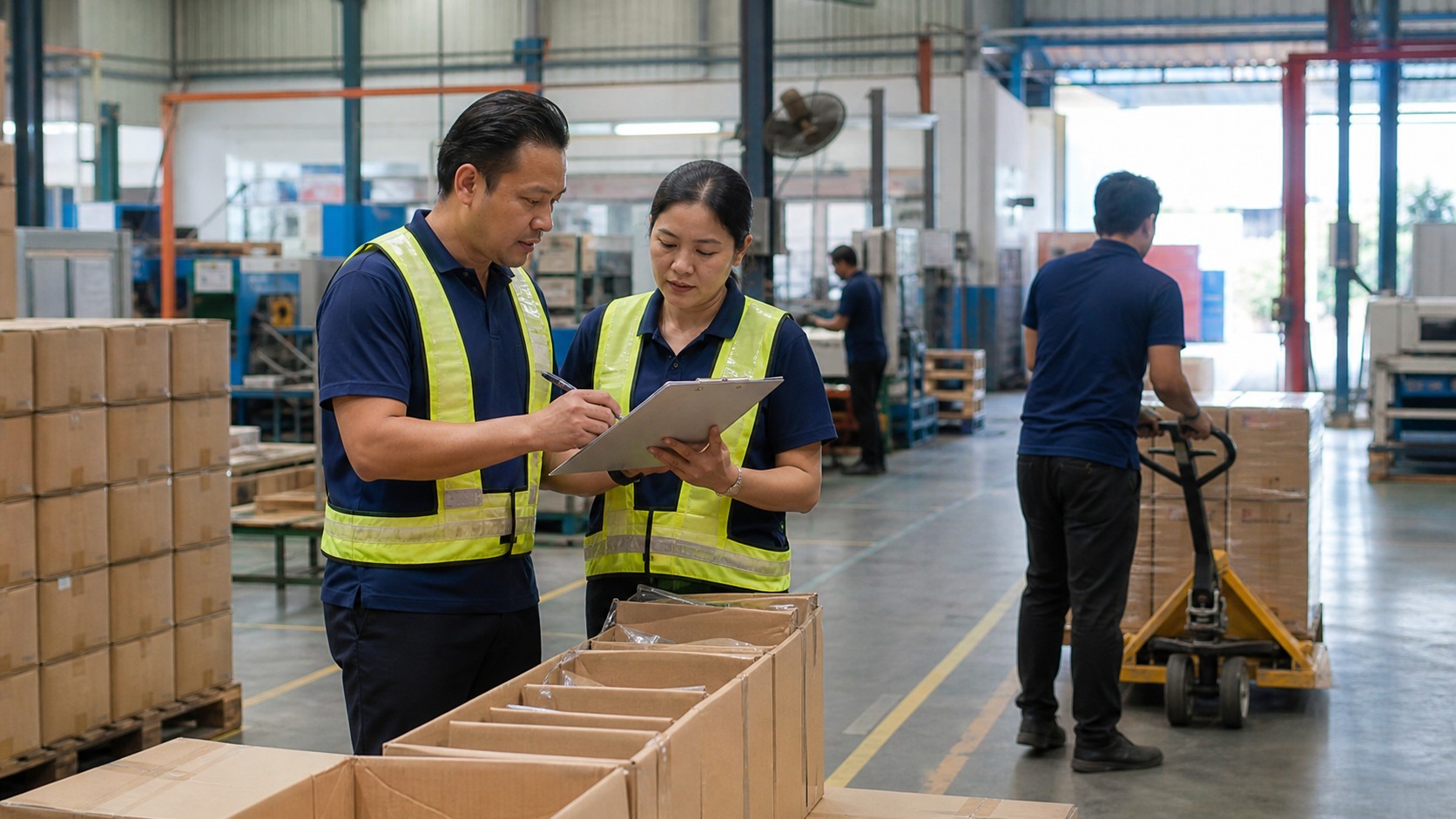 Malaysian factory and warehouse supervisors reviewing delivery and production notes on an active industrial floor while workers move goods in the background