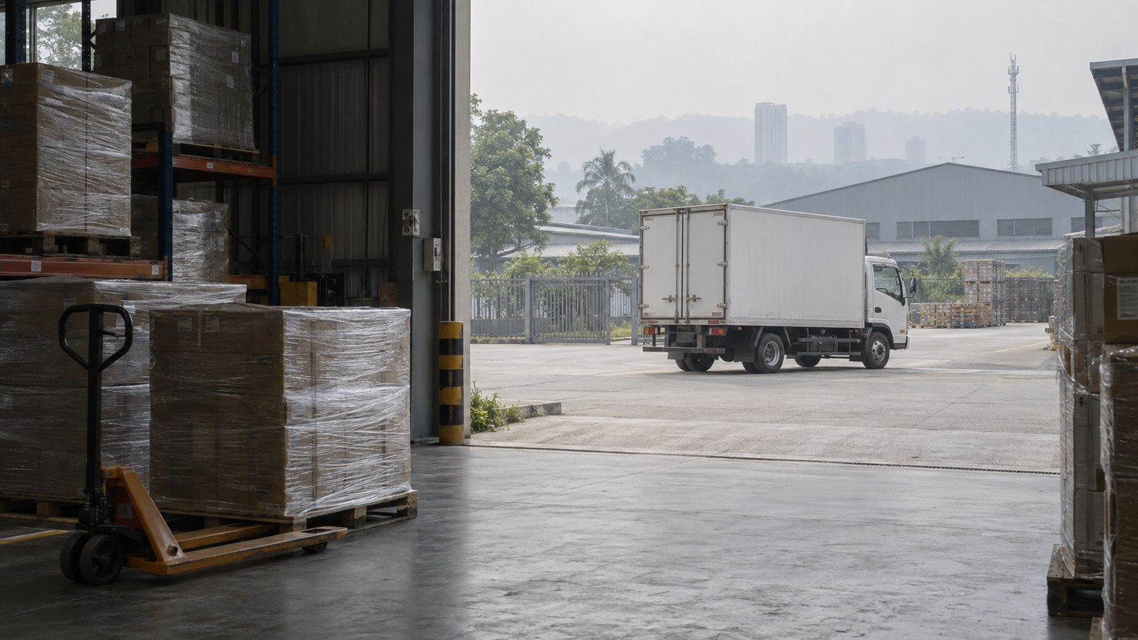Illustrative Malaysian warehouse loading bay with stored pallets and a parked delivery lorry facing a hazy industrial yard