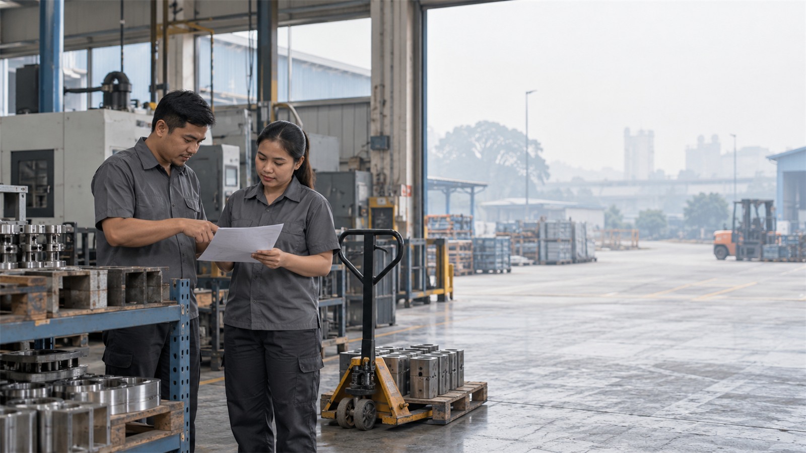 Illustrative Malaysian factory team reviewing a shift plan beside unbranded production equipment while a light outdoor haze is visible beyond the loading-bay windows.