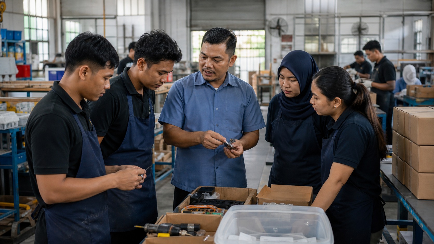 Malaysian SME staff and a supervisor reviewing workflow and training steps on a factory floor beside packed goods and workstations