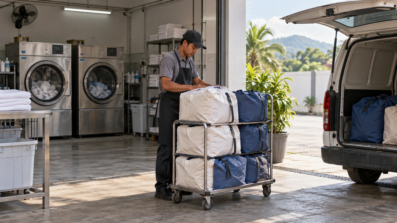 AI illustration of linen bags and a pickup van outside an unbranded Malaysian commercial laundry