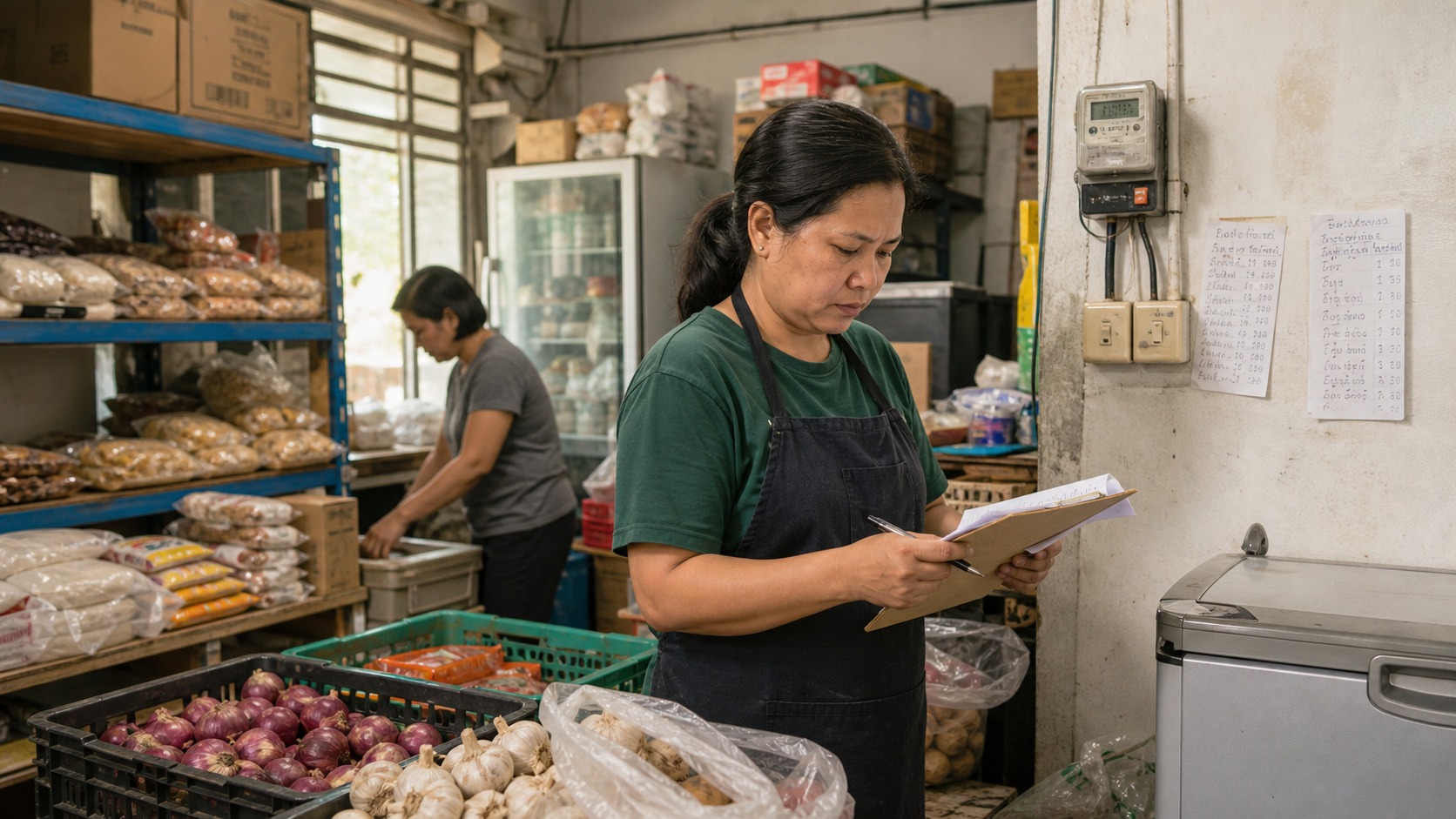 Malaysian small business owner checking produce crates and utility notes in a stockroom while staff prepare goods for sale