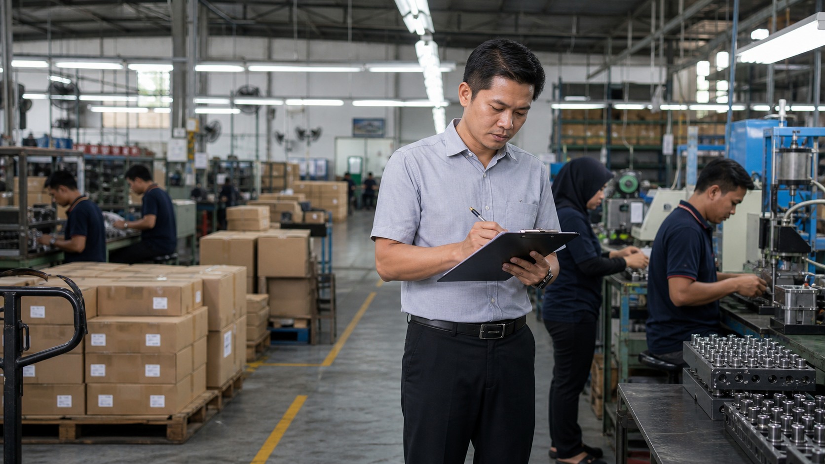 Malaysian production supervisor reviewing output notes on a factory floor while workers handle components and palletised cartons in an active SME manufacturing setting