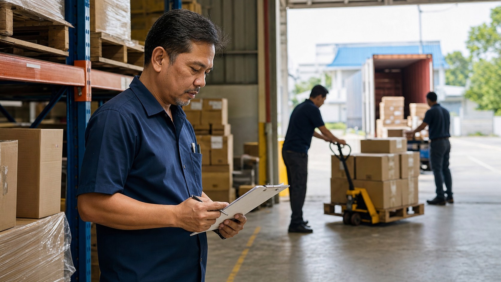 A Malaysian warehouse supervisor checking stock sheets beside pallet racks while workers move cartons in a busy loading area