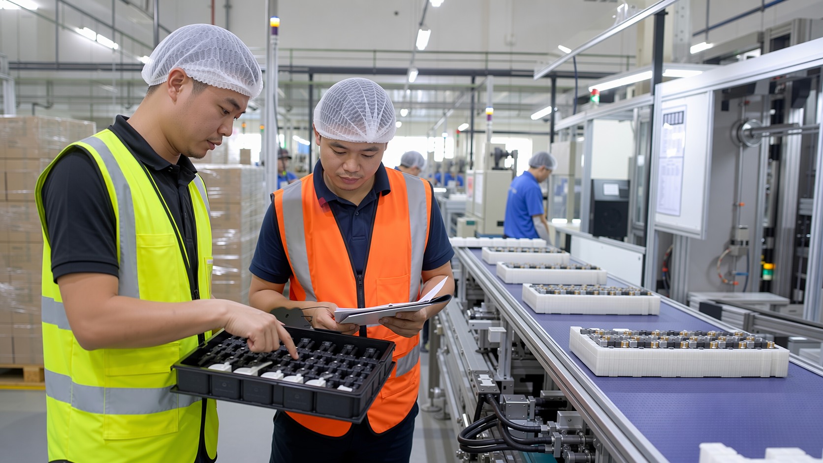 Malaysian factory technicians checking component trays and a production line while pallets and finished goods move through an active manufacturing floor