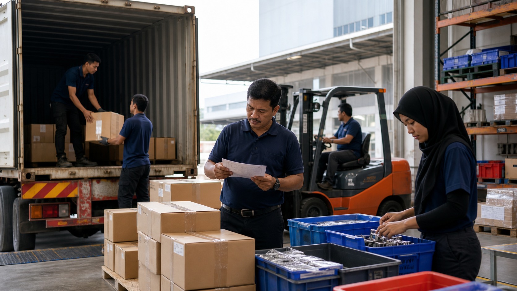 Malaysian warehouse and light-manufacturing team loading cartons while a supervisor checks order sheets beside parts trays and a forklift