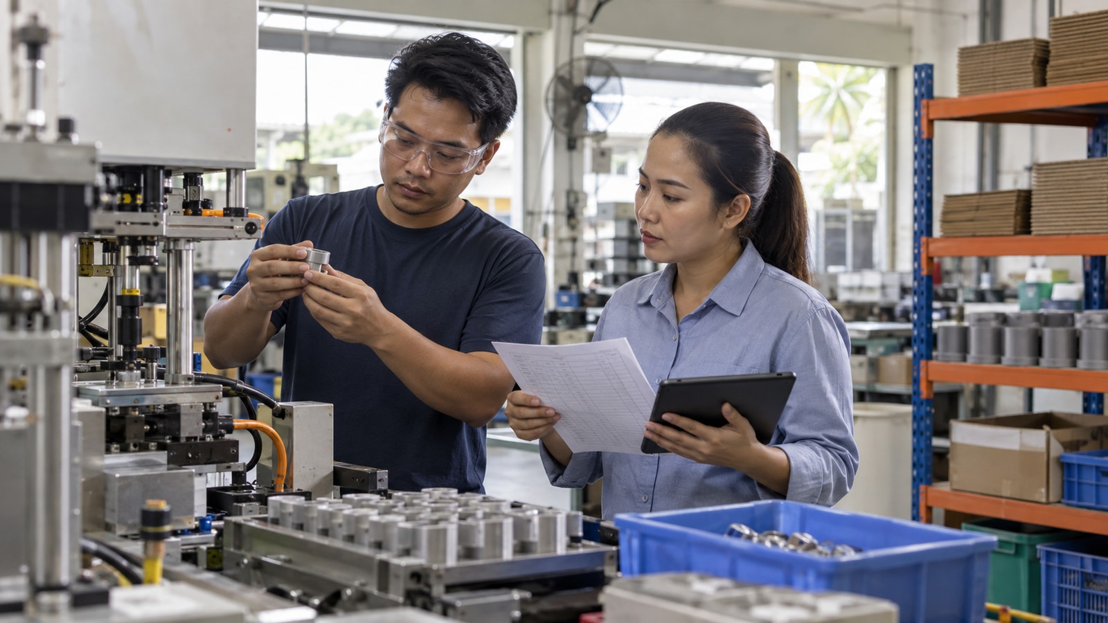 Illustrative Malaysian manufacturing staff checking an unbranded production machine, quality sheet and tablet on a workshop floor.