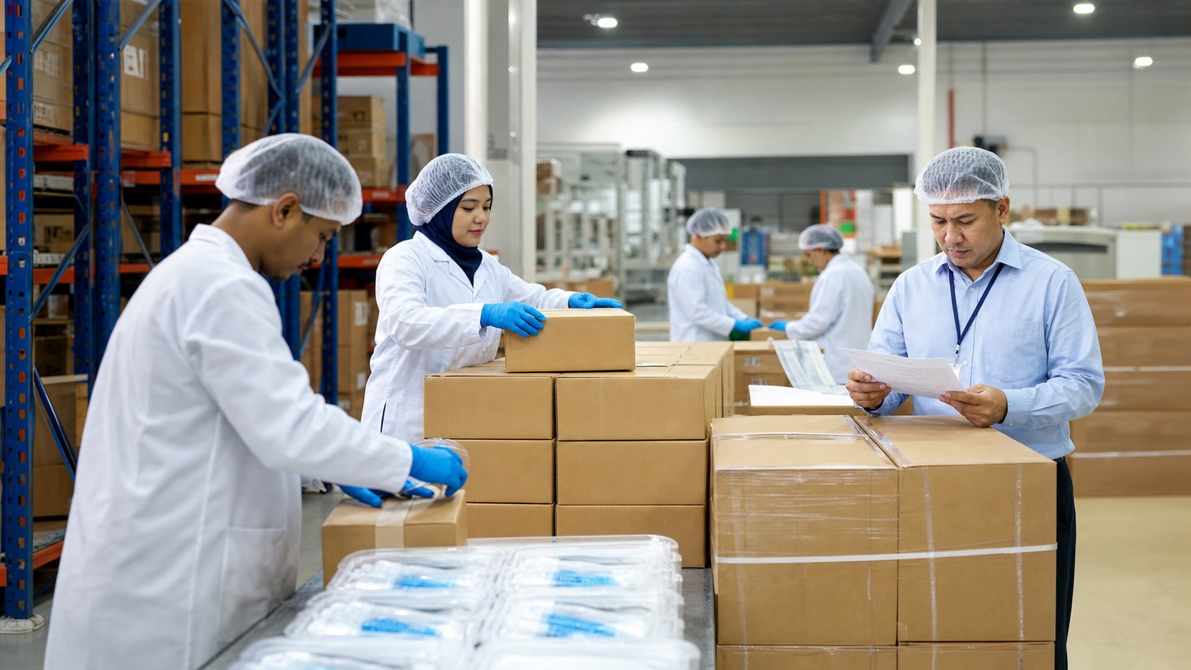 Workers in a Malaysian medical-device warehouse packing export cartons of unbranded medical consumables while a supervisor checks shipment documents