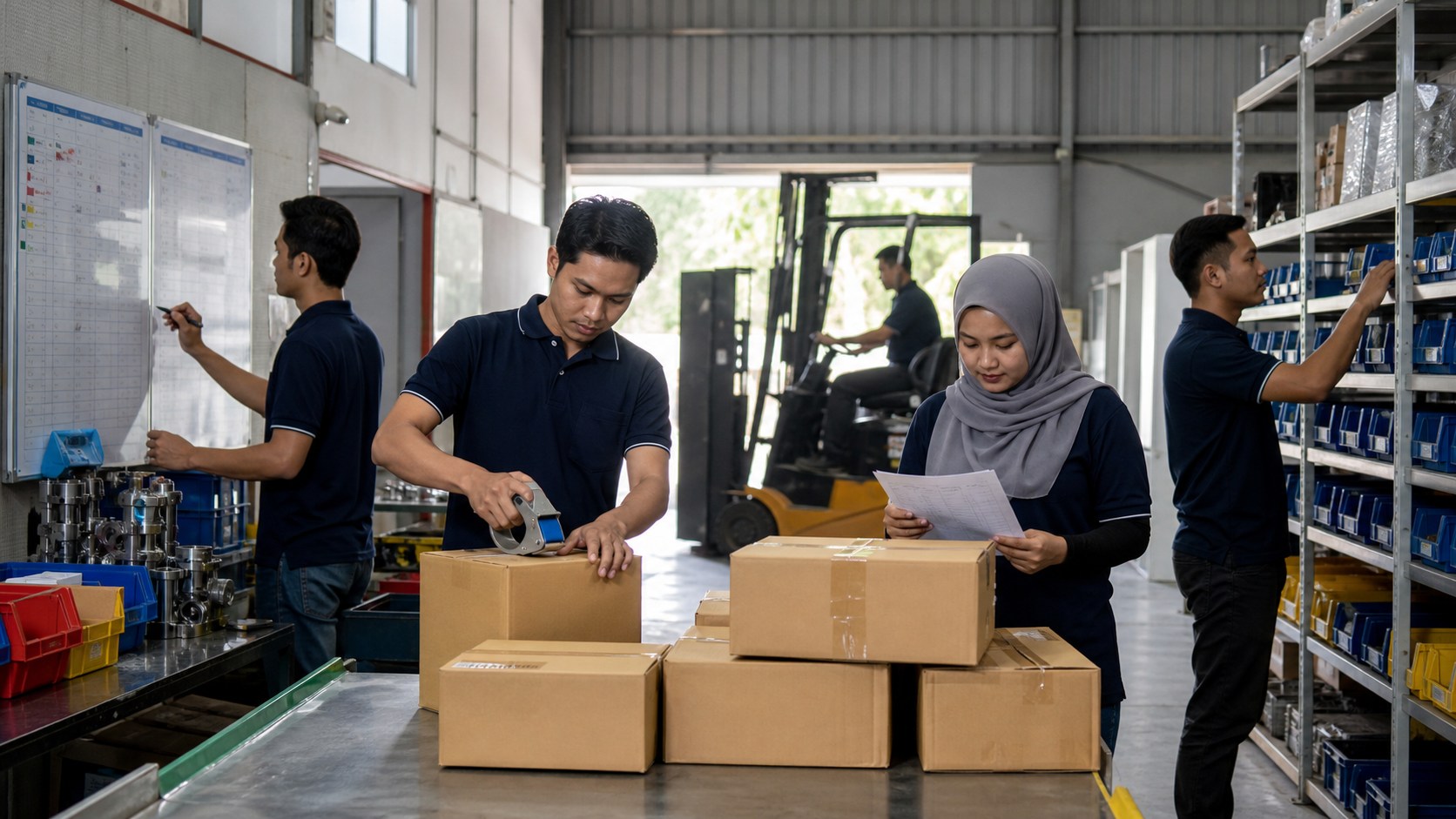Malaysian SME operations team packing cartons, checking parts shelves, and reviewing order paperwork inside a light industrial warehouse