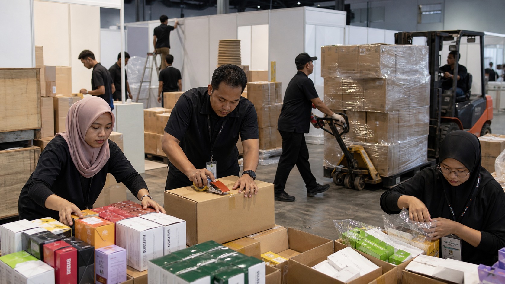 Malaysian SME staff preparing export cartons and display stock inside an unbranded trade-show setup area with pallet loads and warehouse equipment in the background