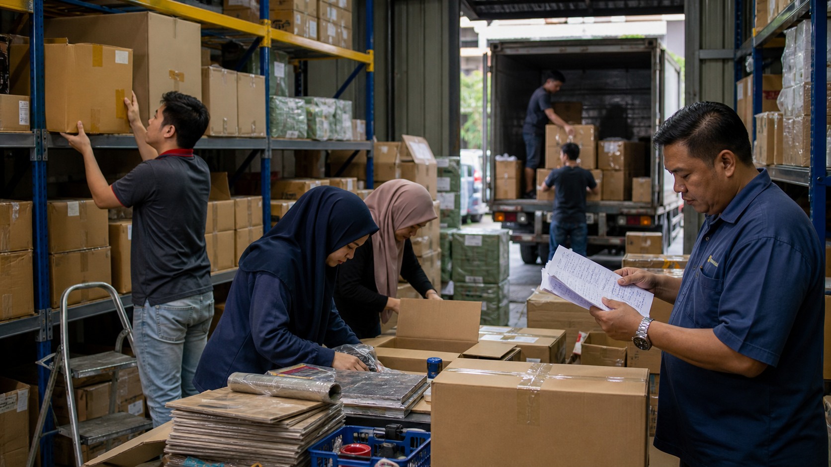 Malaysian small-business workers packing cartons and checking orders in a busy stockroom while a supervisor reviews delivery and inventory notes