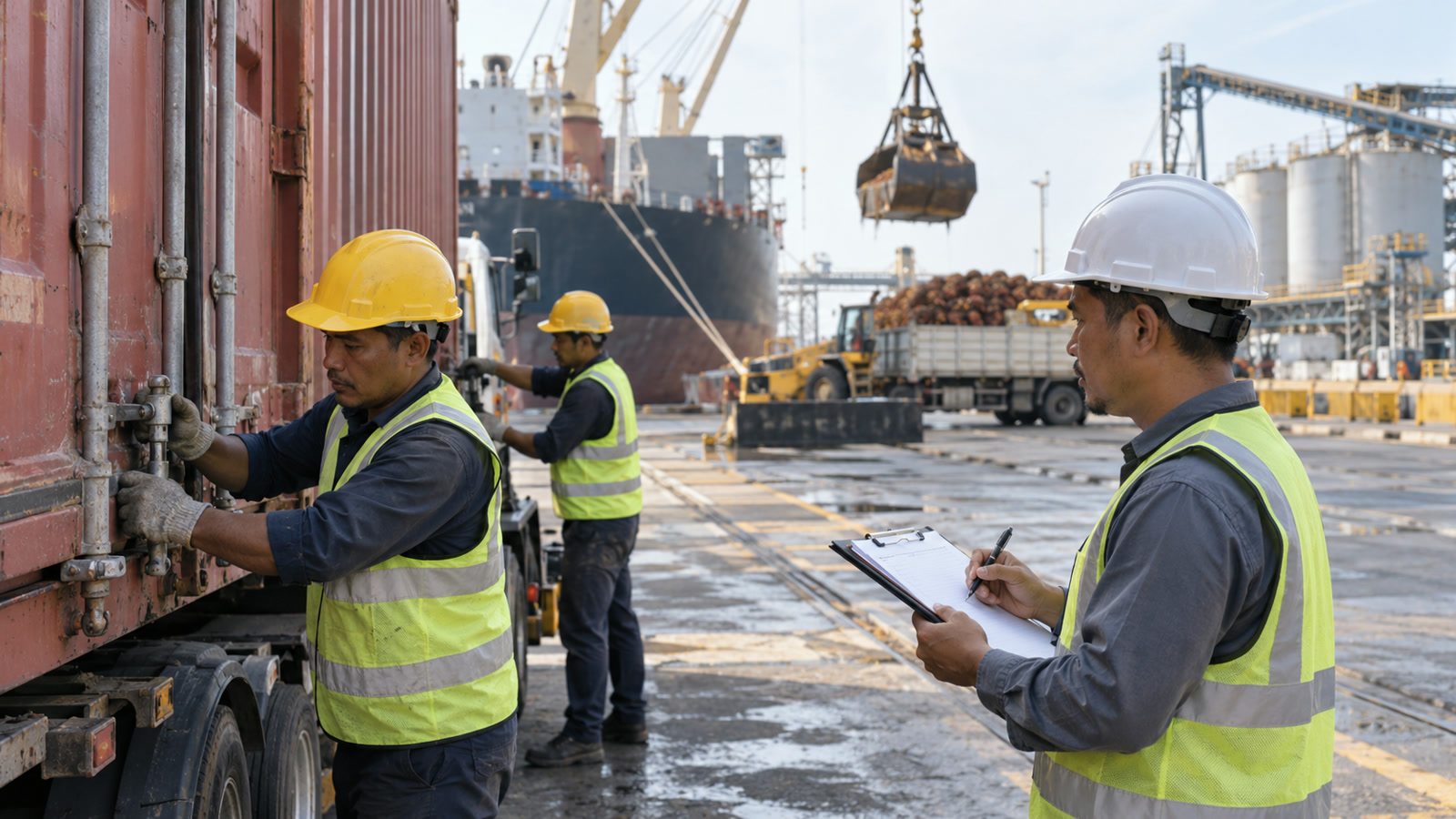 Illustrative Malaysian port-side logistics crew securing an unbranded export container beside palm-oil cargo handling equipment.