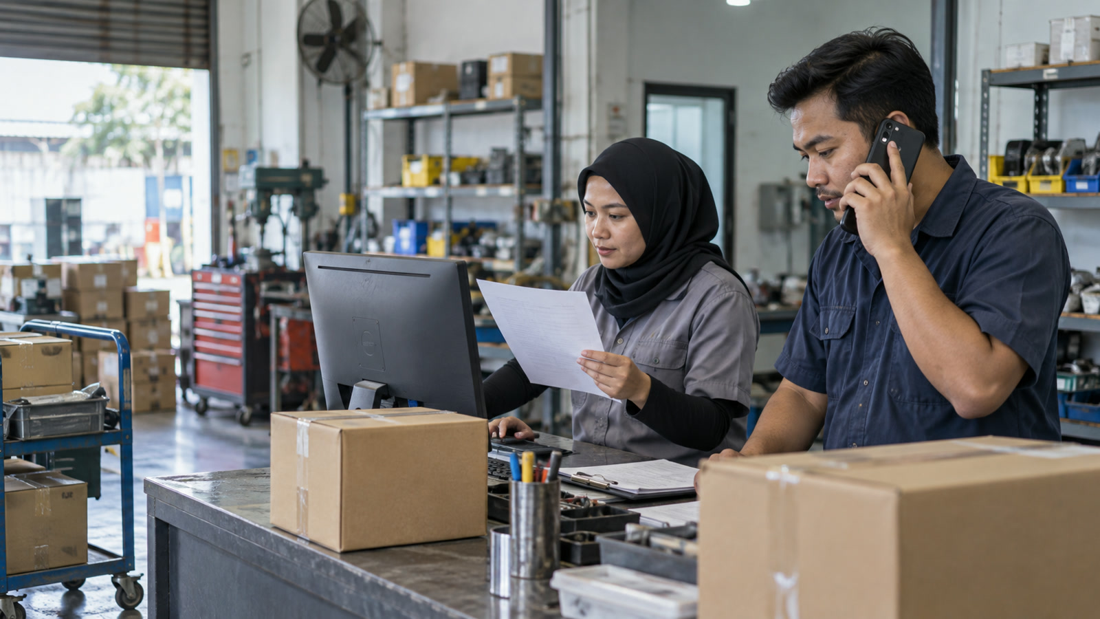 Illustrative Malaysian workshop staff verifying a supplier payment detail by phone beside cartons and a parts counter.