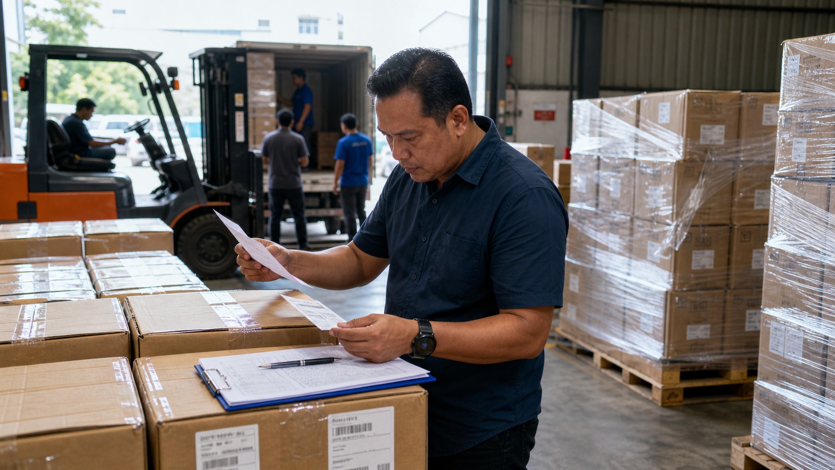 Malaysian warehouse supervisor checking carton labels and supplier paperwork beside stacked pallets and a forklift in a loading bay