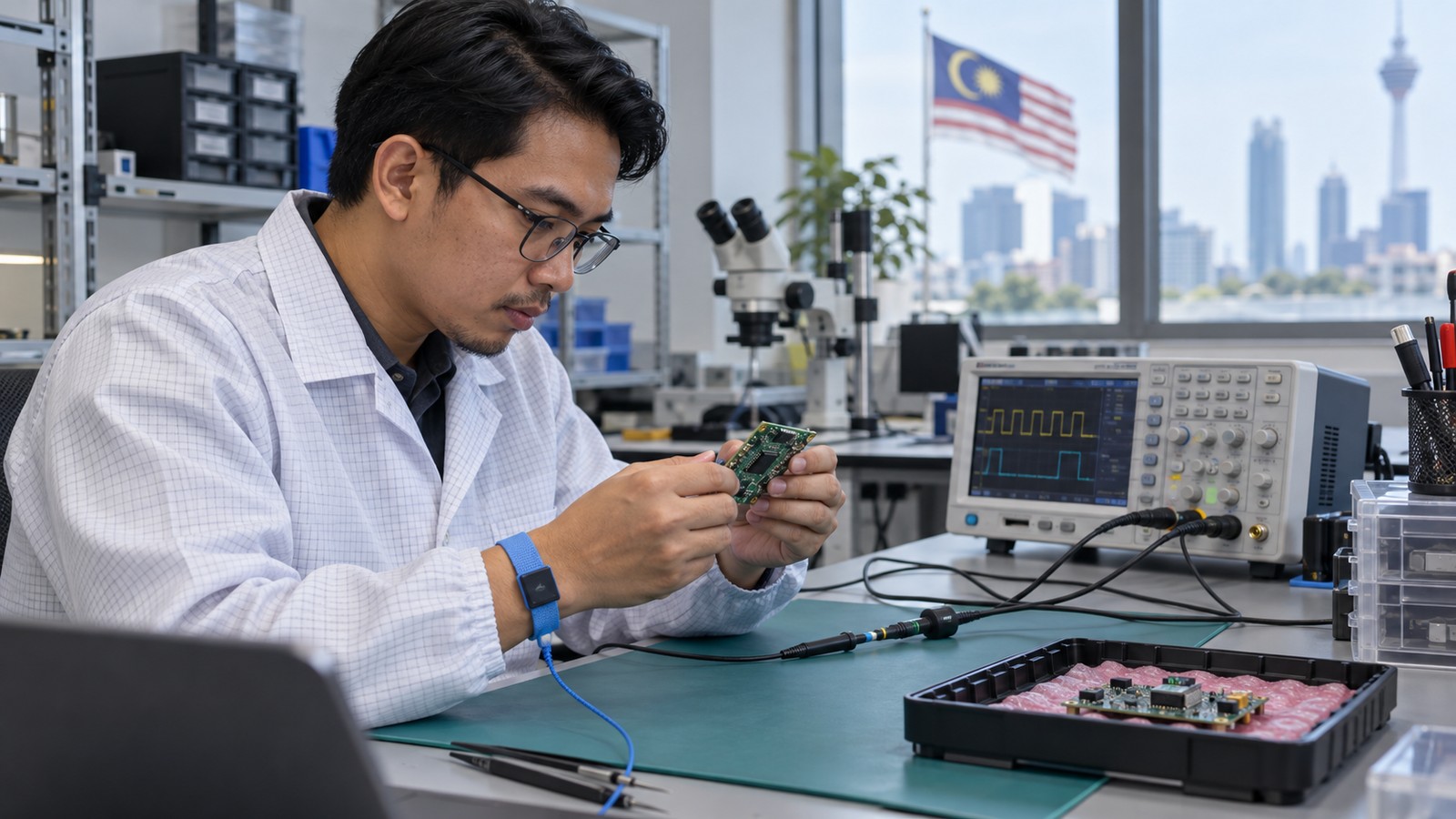 Illustrative Malaysian electronics engineer inspecting a circuit-board prototype beside laboratory test instruments